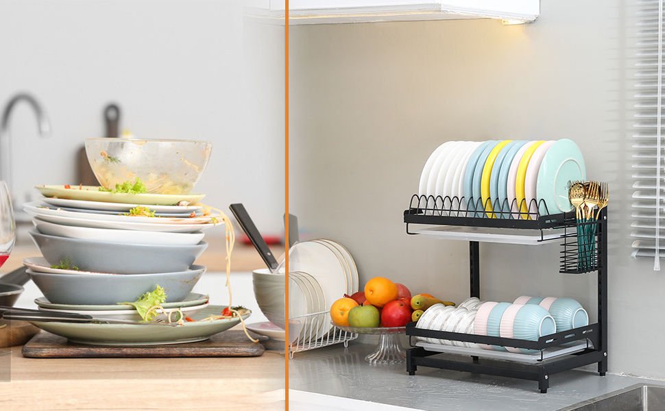 Over The Sink Dish Drying Rack with 5 Utility Hooks Adjustable feet