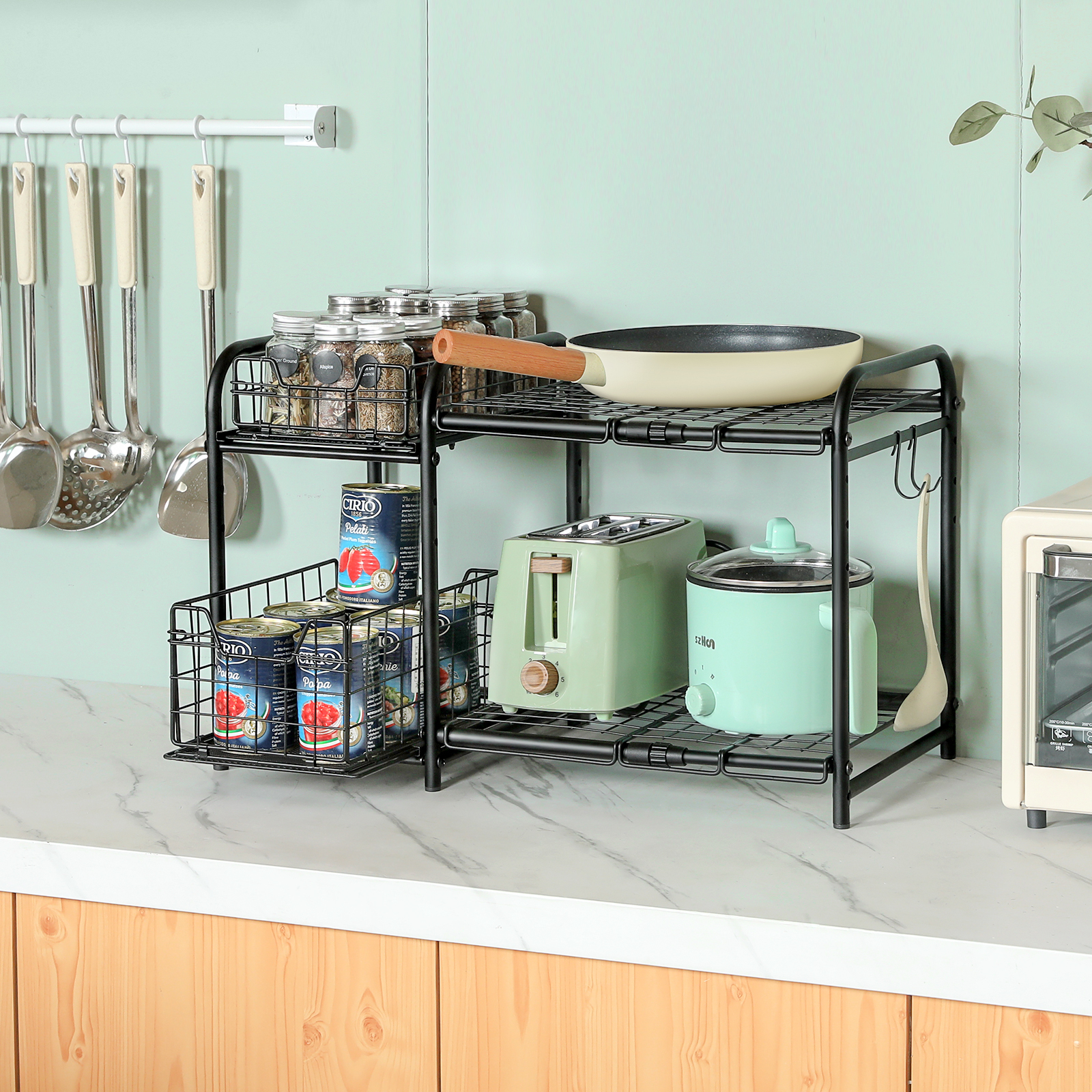 Under Sink Organizers  with Pull Out Drawer & Expandable Shelf and Storage  Metal Rack with Non-slip Feet