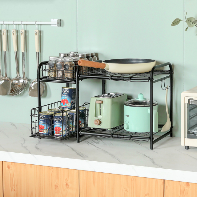 Under Sink Organizers  with Pull Out Drawer & Expandable Shelf and Storage  Metal Rack with Non-slip Feet