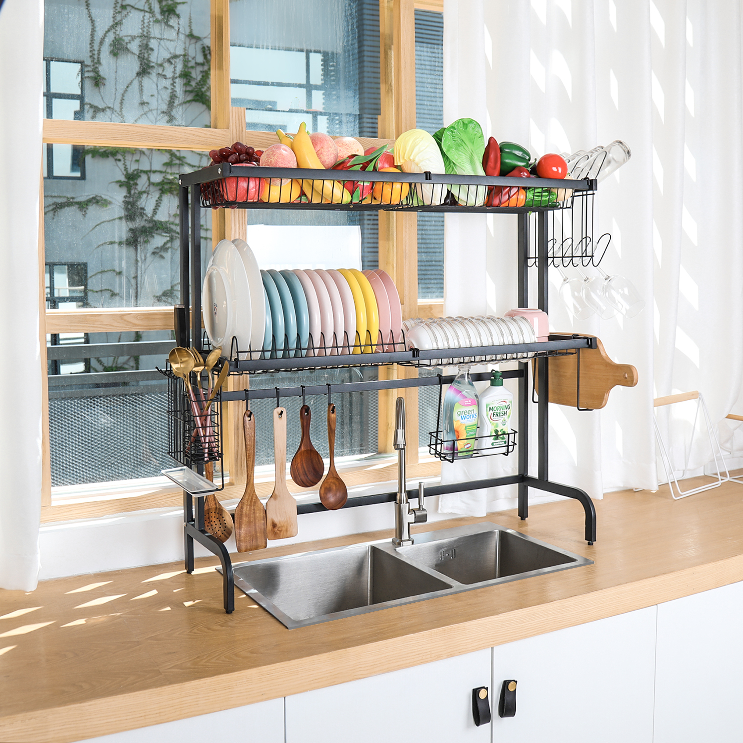 2-Tier Dish Drainers Storage for Kitchen Counter with Utensil Holder, Cup Holder