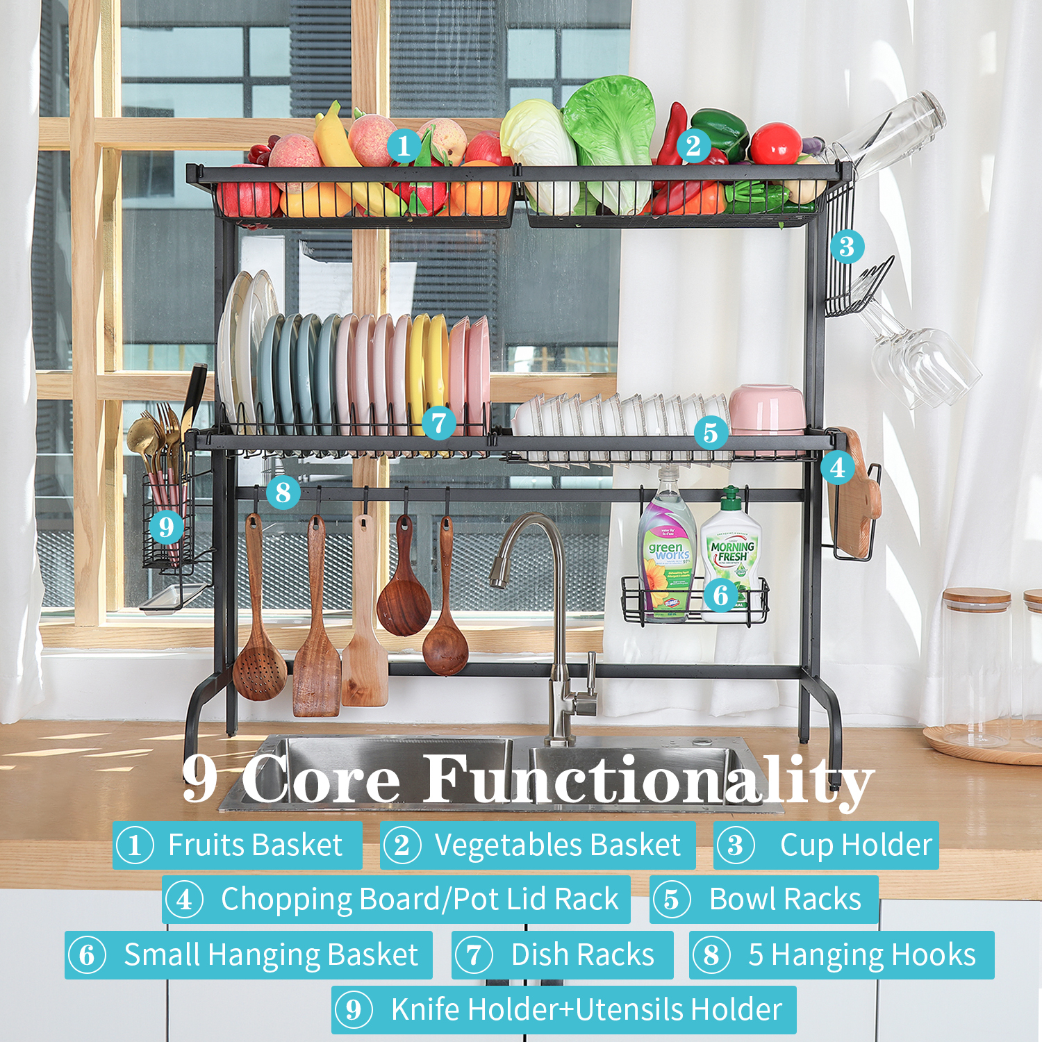 2-Tier Dish Drainers Storage for Kitchen Counter with Utensil Holder, Cup Holder