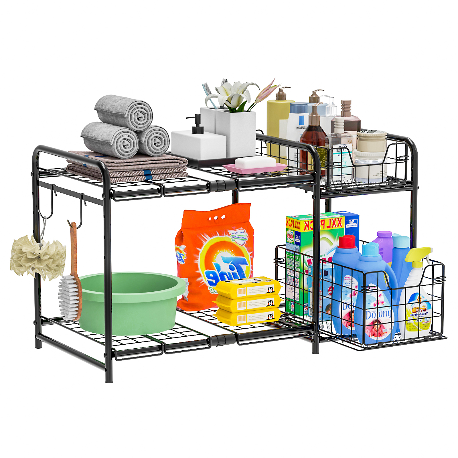 Under Sink Organizers  with Pull Out Drawer & Expandable Shelf and Storage  Metal Rack with Non-slip Feet
