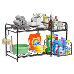 Under Sink Organizers  with Pull Out Drawer & Expandable Shelf and Storage  Metal Rack with Non-slip Feet