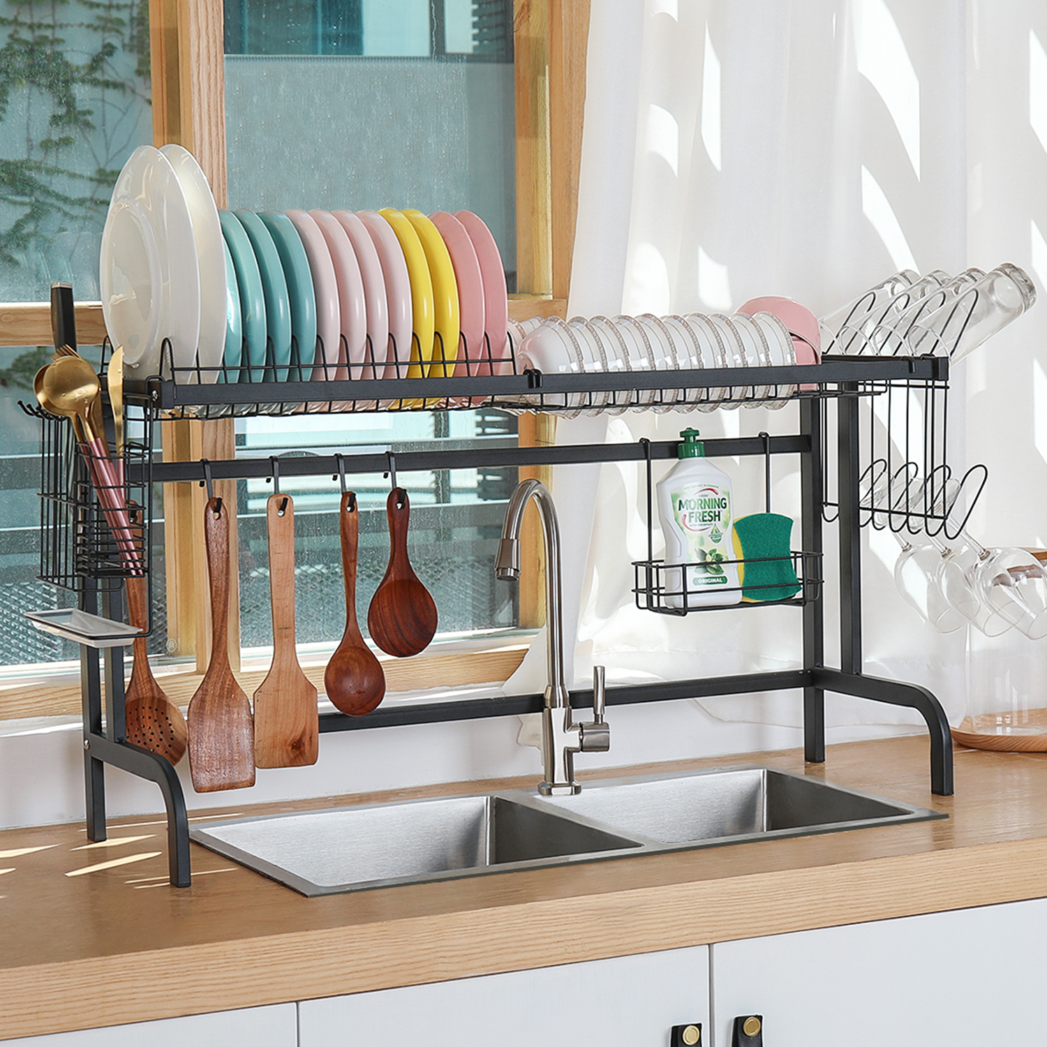 Over The Sink Dish Drying Rack with 5 Utility Hooks Adjustable feet