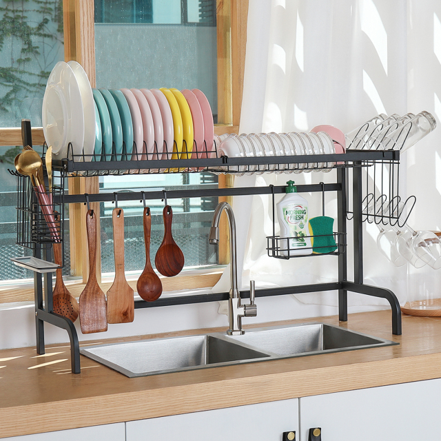 Over The Sink Dish Drying Rack with 5 Utility Hooks Adjustable feet