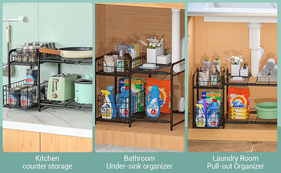 Under Sink Organizers  with Pull Out Drawer & Expandable Shelf and Storage  Metal Rack with Non-slip Feet