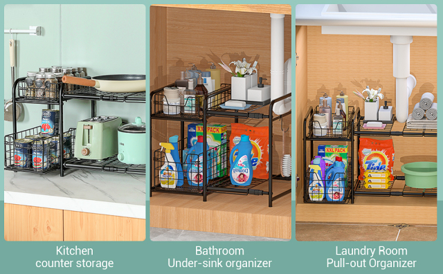 Under Sink Organizers  with Pull Out Drawer & Expandable Shelf and Storage  Metal Rack with Non-slip Feet