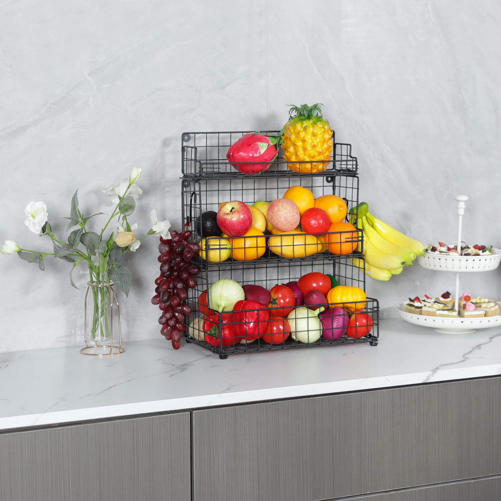 Hatahardware wholesale basket iron wire kitchen vegetable basket storage bin for food fruit sundries metal wire fruit basket with banana hanger