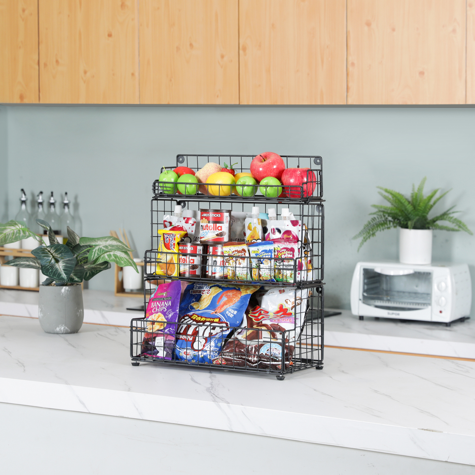 Hatahardware wholesale basket iron wire kitchen vegetable basket storage bin for food fruit sundries metal wire fruit basket with banana hanger