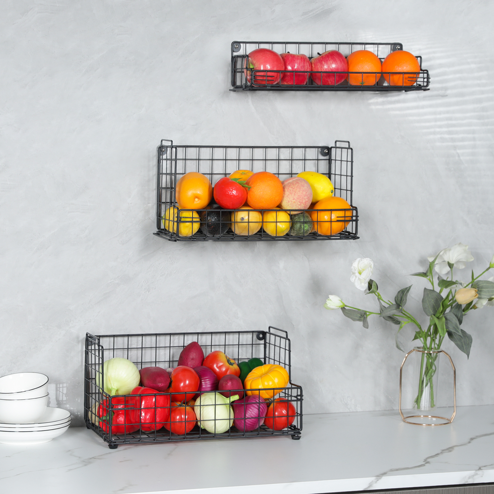 Hatahardware wholesale basket iron wire kitchen vegetable basket storage bin for food fruit sundries metal wire fruit basket with banana hanger