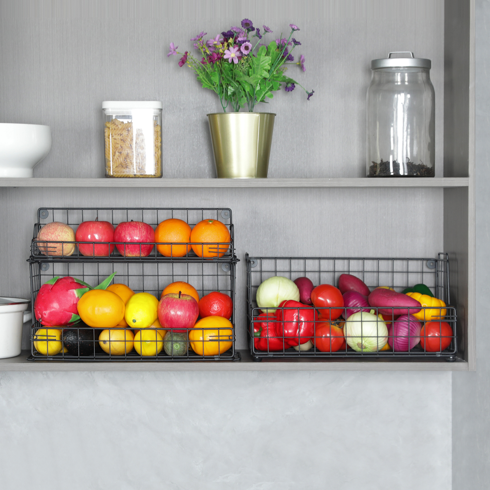 Hatahardware wholesale basket iron wire kitchen vegetable basket storage bin for food fruit sundries metal wire fruit basket with banana hanger