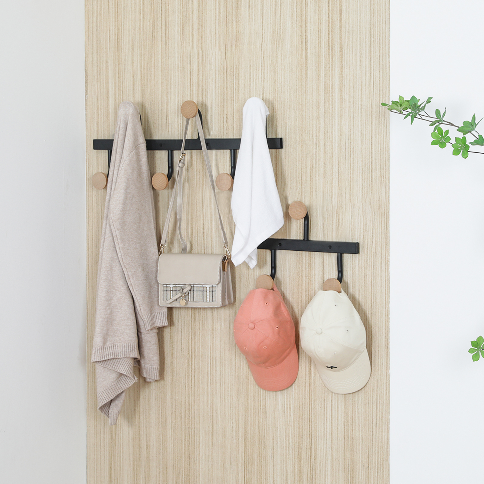 Wall Mounted Coat Rack with Metal and Wooden Hooks Detachable DIY 1/2/3-Section display Hat Rack for living room bedroom storage