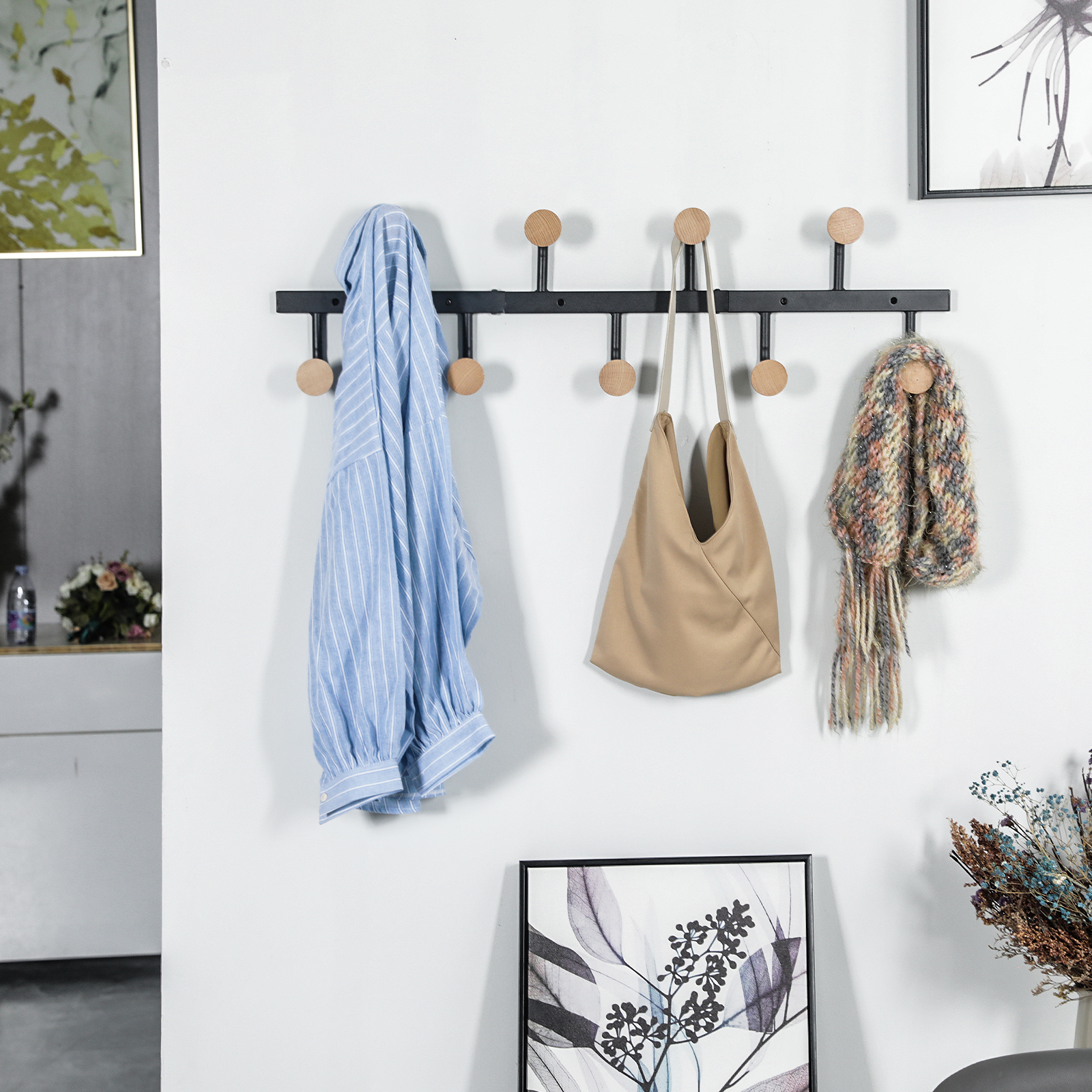 Wall Mounted Coat Rack with Metal and Wooden Hooks Detachable DIY 1/2/3-Section display Hat Rack for living room bedroom storage