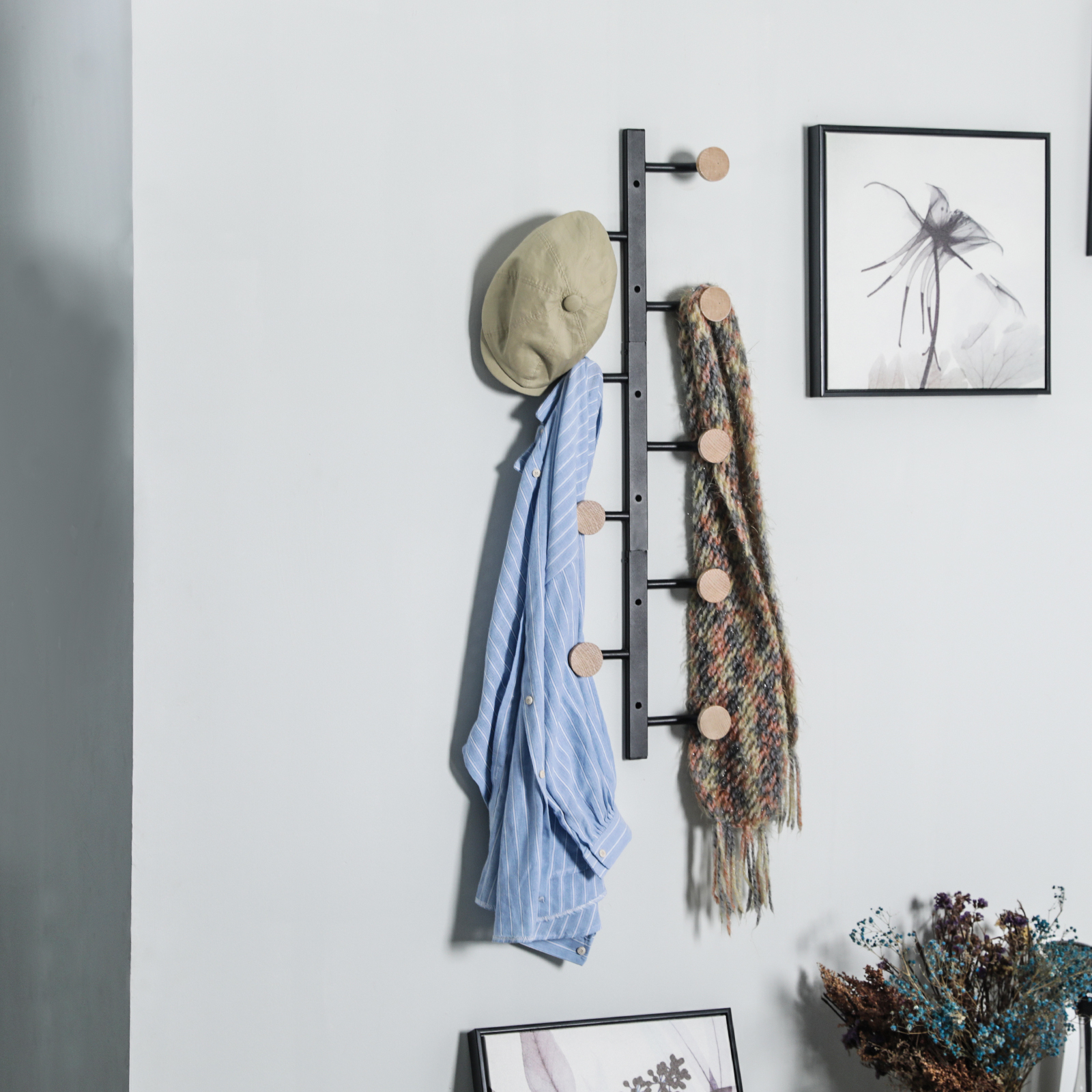 Wall Mounted Coat Rack with Metal and Wooden Hooks Detachable DIY 1/2/3-Section display Hat Rack for living room bedroom storage