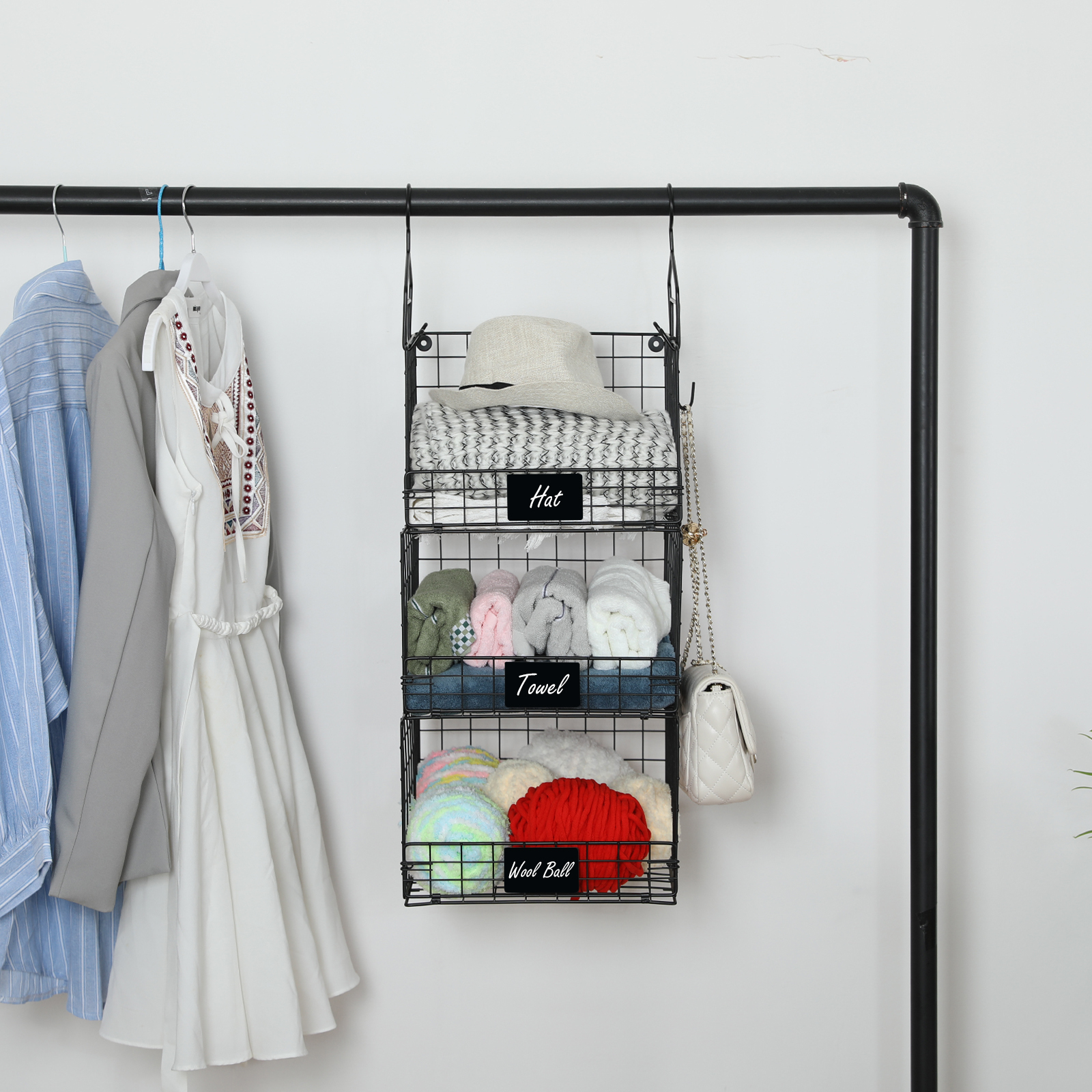 Hatahardware 3 Tier Foldable Closet Hanging Organizer with Name Plate and 5 S Hooks,