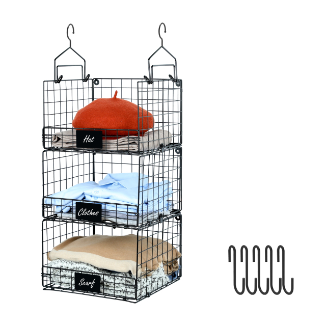 Hatahardware 3 Tier Foldable Closet Hanging Organizer with Name Plate and 5 S Hooks,