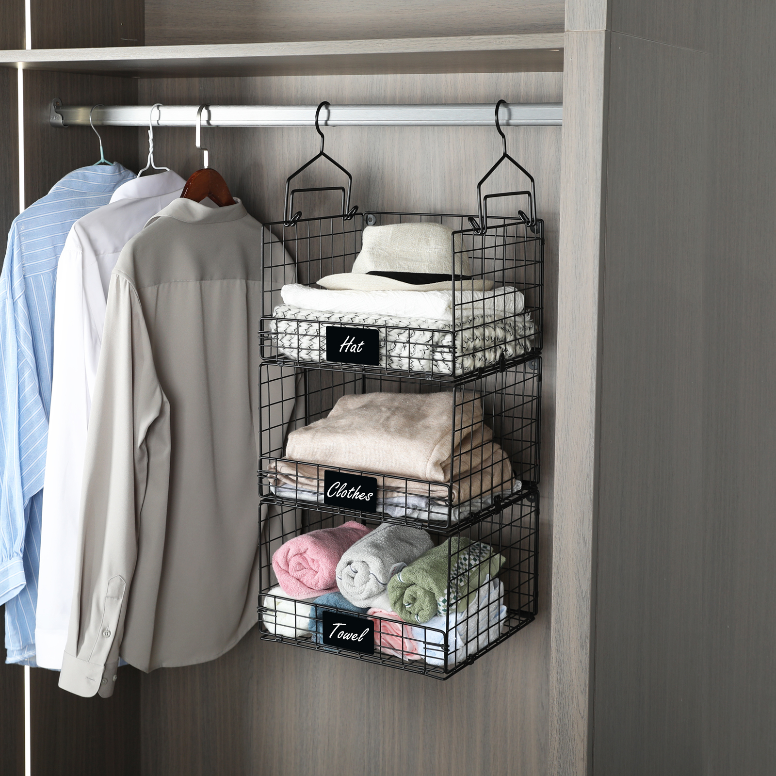 Hatahardware 3 Tier Foldable Closet Hanging Organizer with Name Plate and 5 S Hooks,