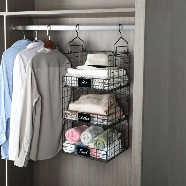 Hatahardware 3 Tier Foldable Closet Hanging Organizer with Name Plate and 5 S Hooks,