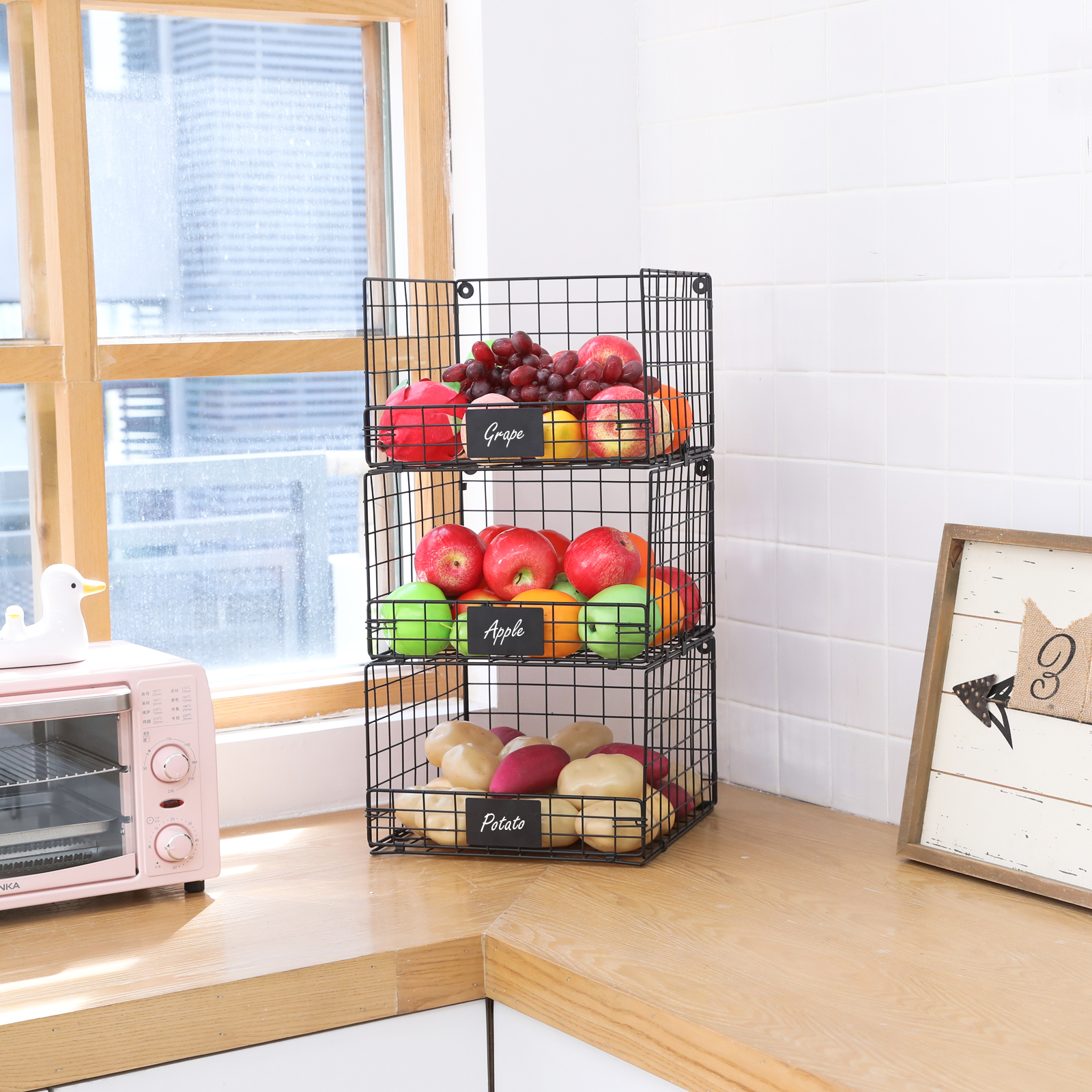 Hatahardware 3 Tier Foldable Closet Hanging Organizer with Name Plate and 5 S Hooks,