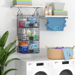 Hatahardware 3 Tier Hanging Laundry Room Organizer Stackable Foldable Wall-Mounted Metal Wire Shelf Basket with Rotating Hook