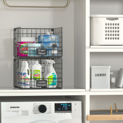 Hatahardware 3 Tier Hanging Laundry Room Organizer Stackable Foldable Wall-Mounted Metal Wire Shelf Basket with Rotating Hook