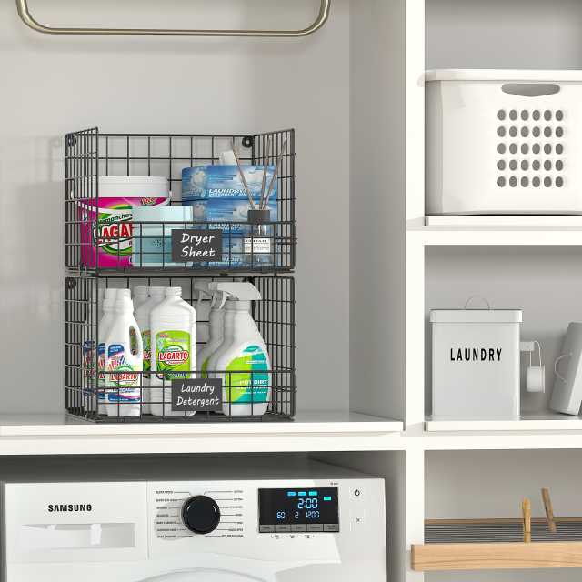 Hatahardware 3 Tier Hanging Laundry Room Organizer Stackable Foldable Wall-Mounted Metal Wire Shelf Basket with Rotating Hook