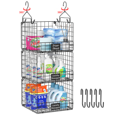 Hatahardware 3 Tier Hanging Laundry Room Organizer Stackable Foldable Wall-Mounted Metal Wire Shelf Basket with Rotating Hook