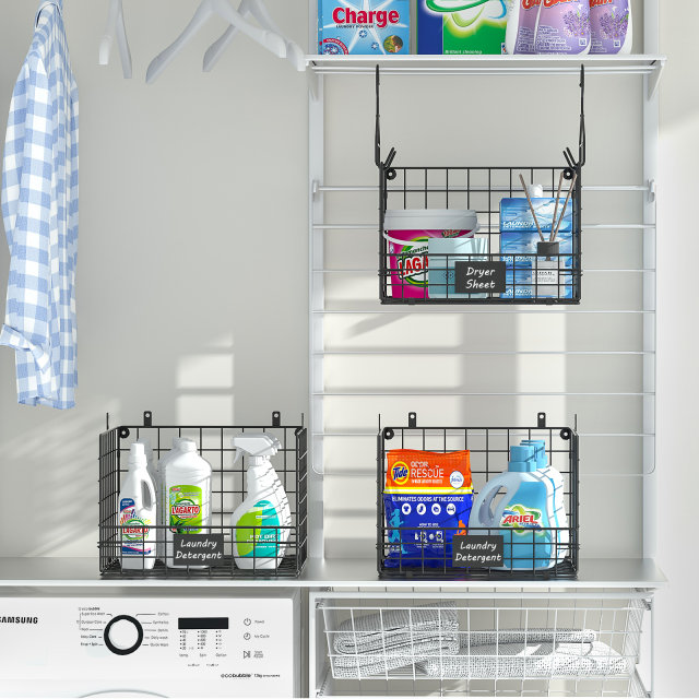 Hatahardware 3 Tier Hanging Laundry Room Organizer Stackable Foldable Wall-Mounted Metal Wire Shelf Basket with Rotating Hook