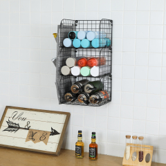 3 Tier Hanging Shelves Wall Mount Metal Wire Basket with 9 Canvas Pockets &Removable Hooks