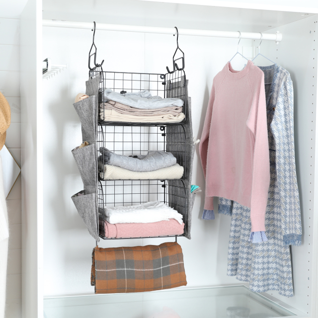 3 Tier Hanging Shelves Wall Mount Metal Wire Basket with 9 Canvas Pockets &Removable Hooks