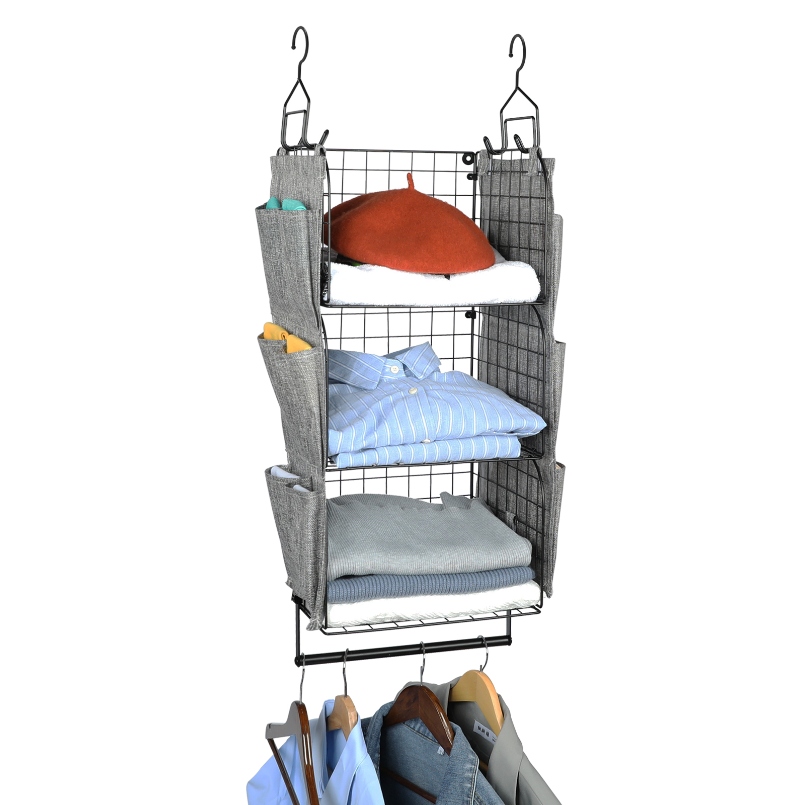 3 Tier Hanging Shelves Wall Mount Metal Wire Basket with 9 Canvas Pockets &Removable Hooks
