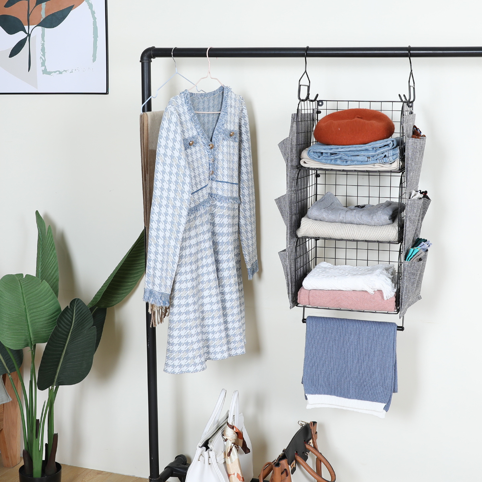 3 Tier Hanging Shelves Wall Mount Metal Wire Basket with 9 Canvas Pockets &Removable Hooks