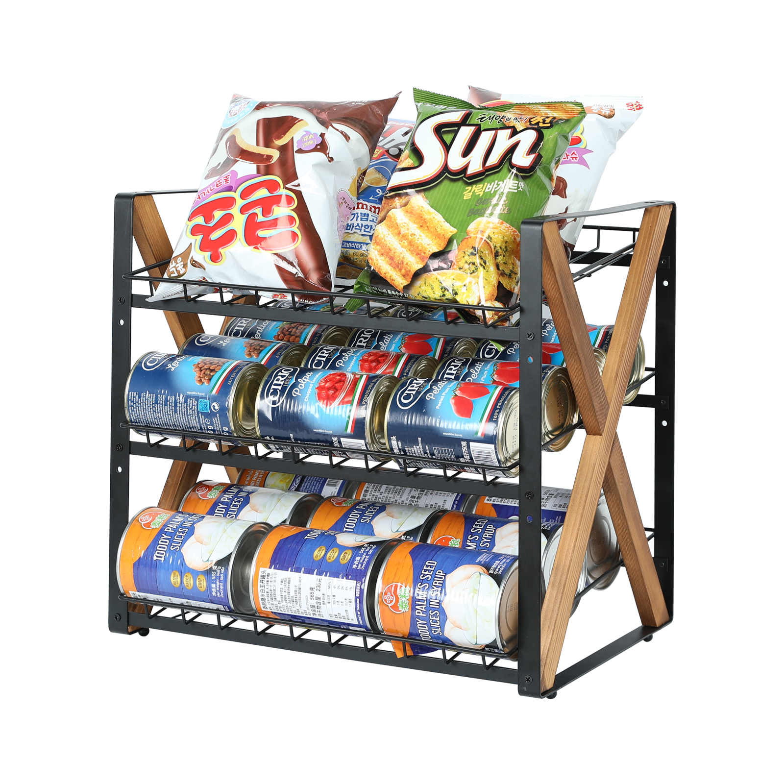2024 New Style Stackable Wood Metal Soda 3 Tier Collapsible Can Dispenser Storage Organizer Holder Rack