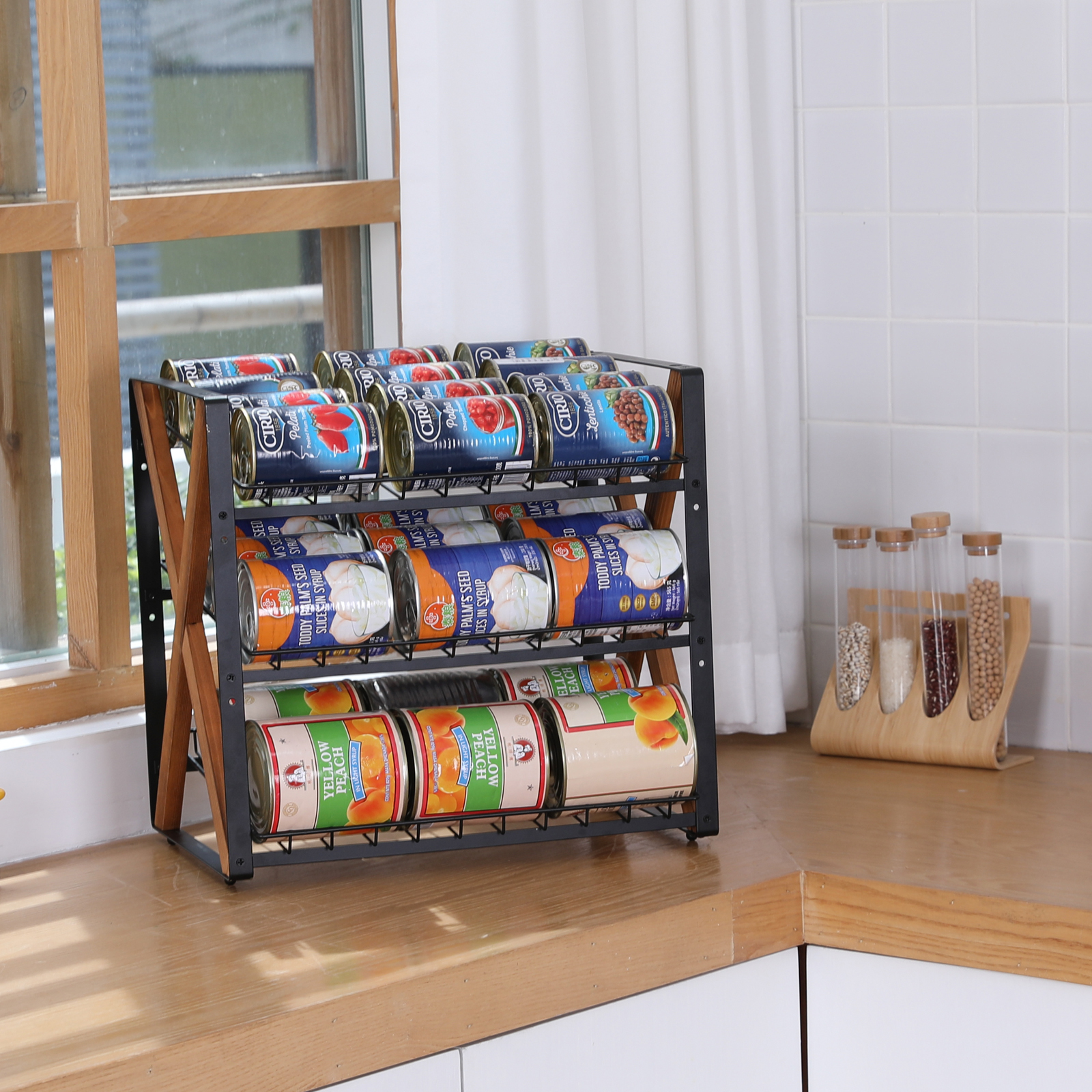 2024 New Style Stackable Wood Metal Soda 3 Tier Collapsible Can Dispenser Storage Organizer Holder Rack