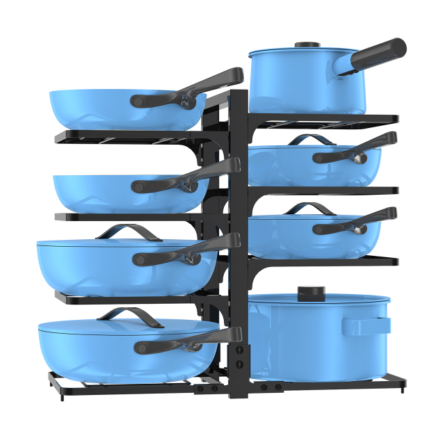 Multifunction Cleaning Kitchen Adjustable Cooking 4 Tiers Metal Standing Pot And Pan Lid Storage Organizer Rack For Cabinet