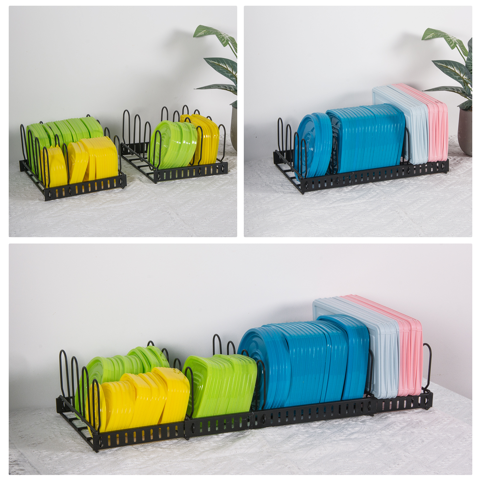 Expandable Food Storage Container Lid Adjustable White Black Kitchen Cabinet Holder Organizer