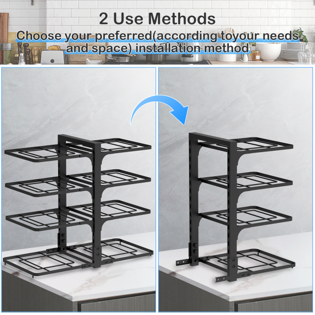 Multifunction Cleaning Kitchen Adjustable Cooking 4 Tiers Metal Standing Pot And Pan Lid Storage Organizer Rack For Cabinet