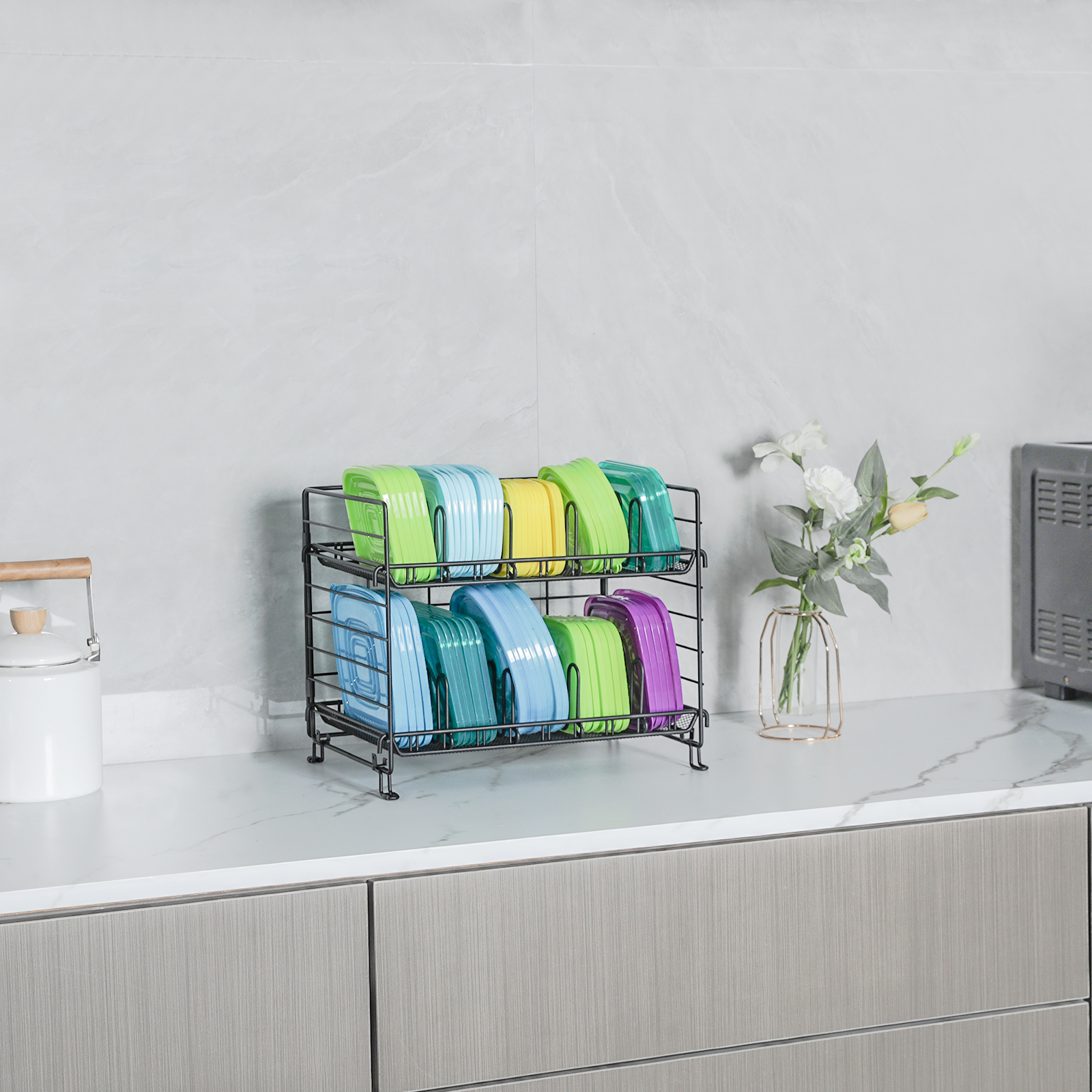 2023 New Style Foldable Lid Storage Rack Expandable Kitchen Food Container Metal Lid Organizer