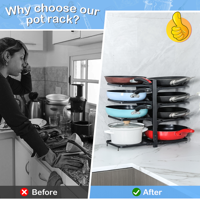 Multifunction Cleaning Kitchen Adjustable Cooking 4 Tiers Metal Standing Pot And Pan Lid Storage Organizer Rack For Cabinet