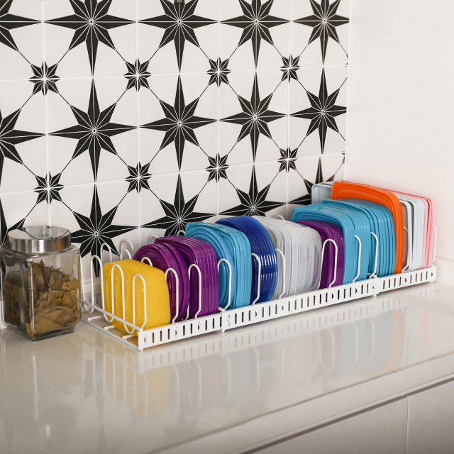 Expandable Food Storage Container Lid Adjustable White Black Kitchen Cabinet Holder Organizer