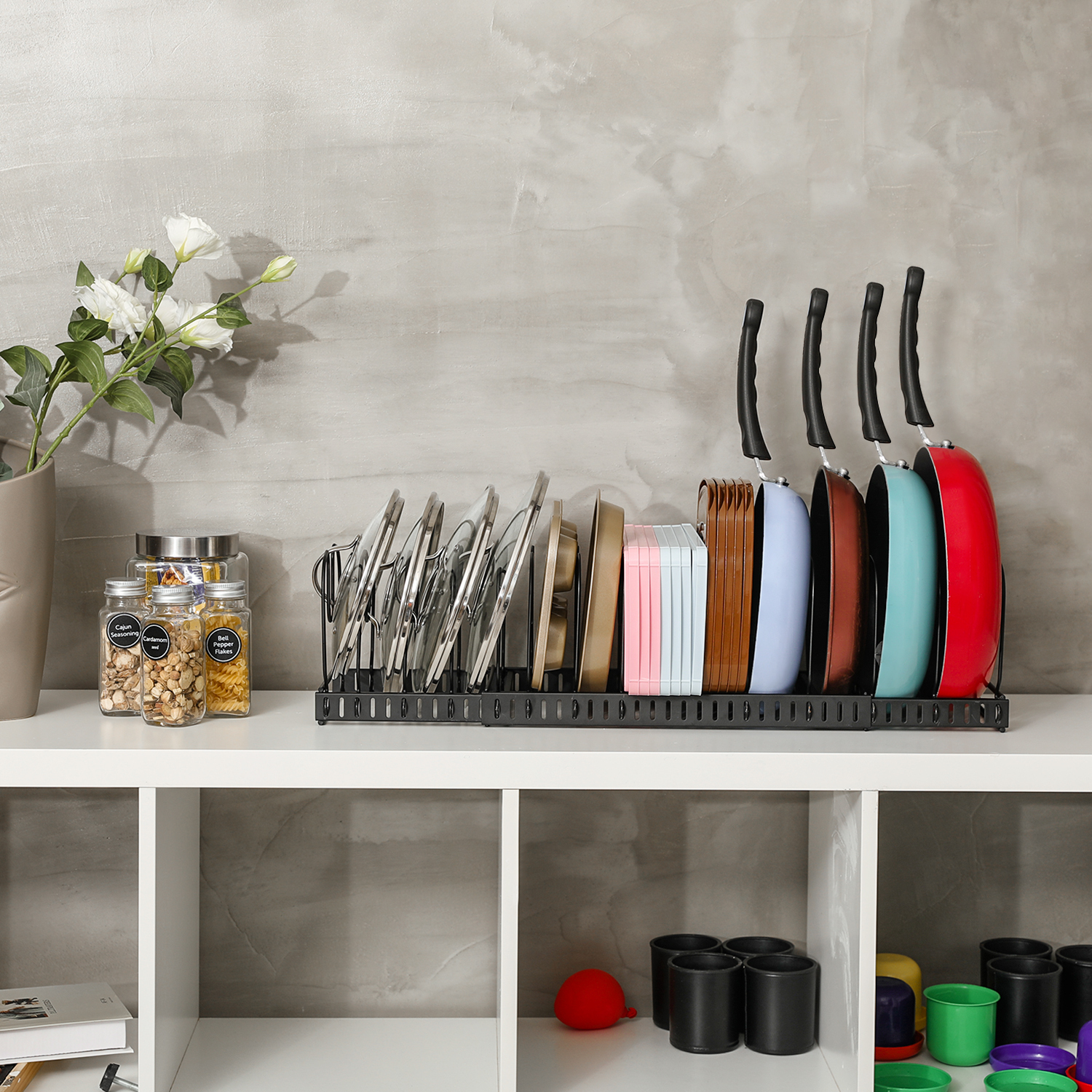 Hot Selling Adjustable Expandable Kitchen Pans And Foldable Pot Lid Organizer Rack Holder Double Sided