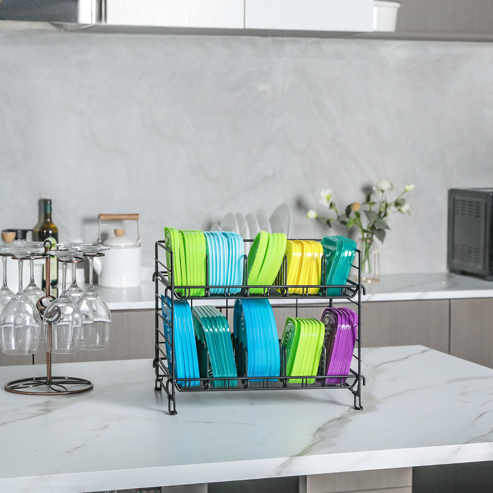 2023 New Style Foldable Lid Storage Rack Expandable Kitchen Food Container Metal Lid Organizer