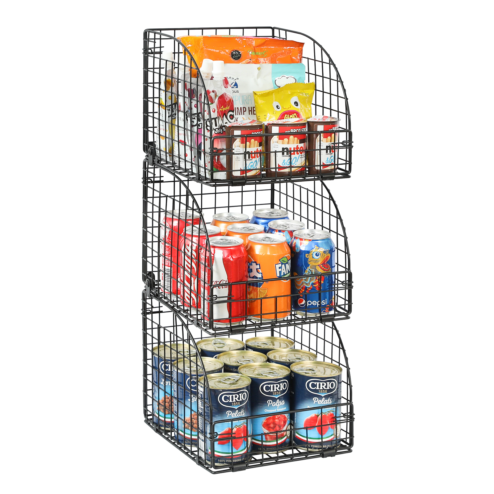 Large Stackable Metal Stacking Black 3 Tiers Household Food Pantry Storage Basket Wire Rack For Sale