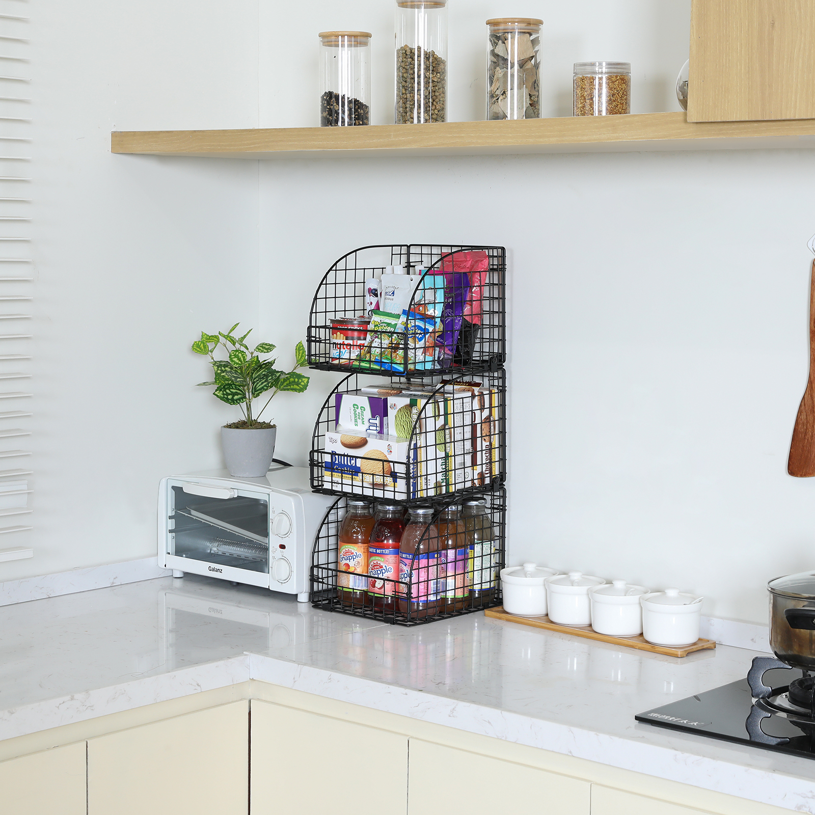 Large Stackable Metal Stacking Black 3 Tiers Household Food Pantry Storage Basket Wire Rack For Sale