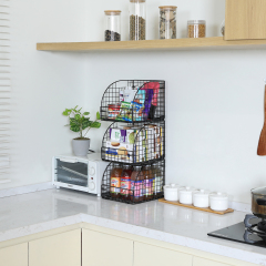 Large Stackable Metal Stacking Black 3 Tiers Household Food Pantry Storage Basket Wire Rack For Sale