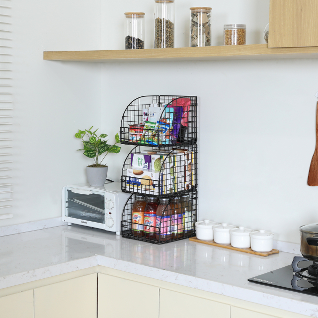 Large Stackable Metal Stacking Black 3 Tiers Household Food Pantry Storage Basket Wire Rack For Sale