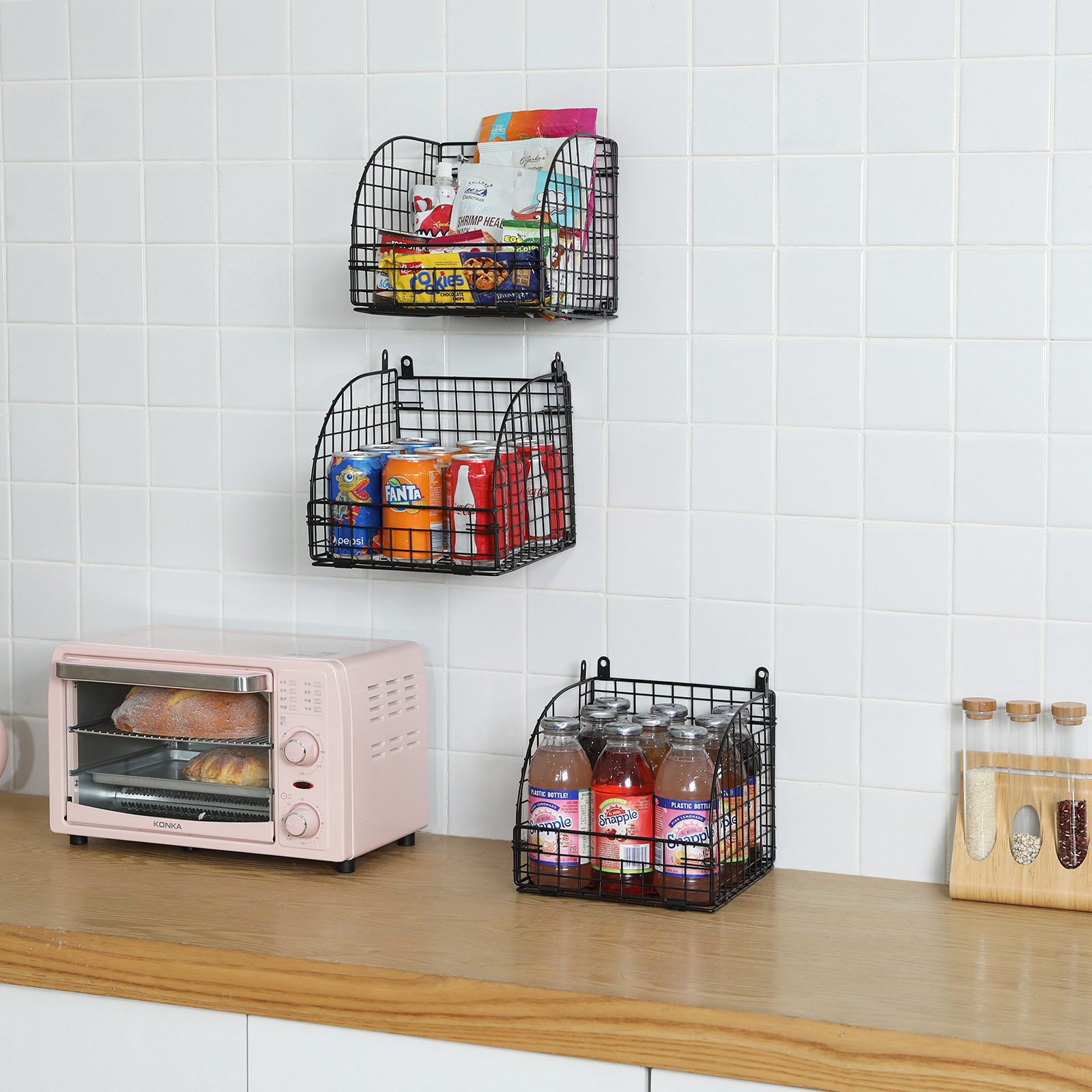 Large Stackable Metal Stacking Black 3 Tiers Household Food Pantry Storage Basket Wire Rack For Sale