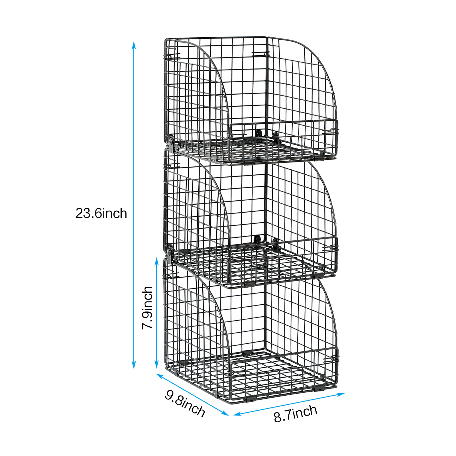 Large Stackable Metal Stacking Black 3 Tiers Household Food Pantry Storage Basket Wire Rack For Sale
