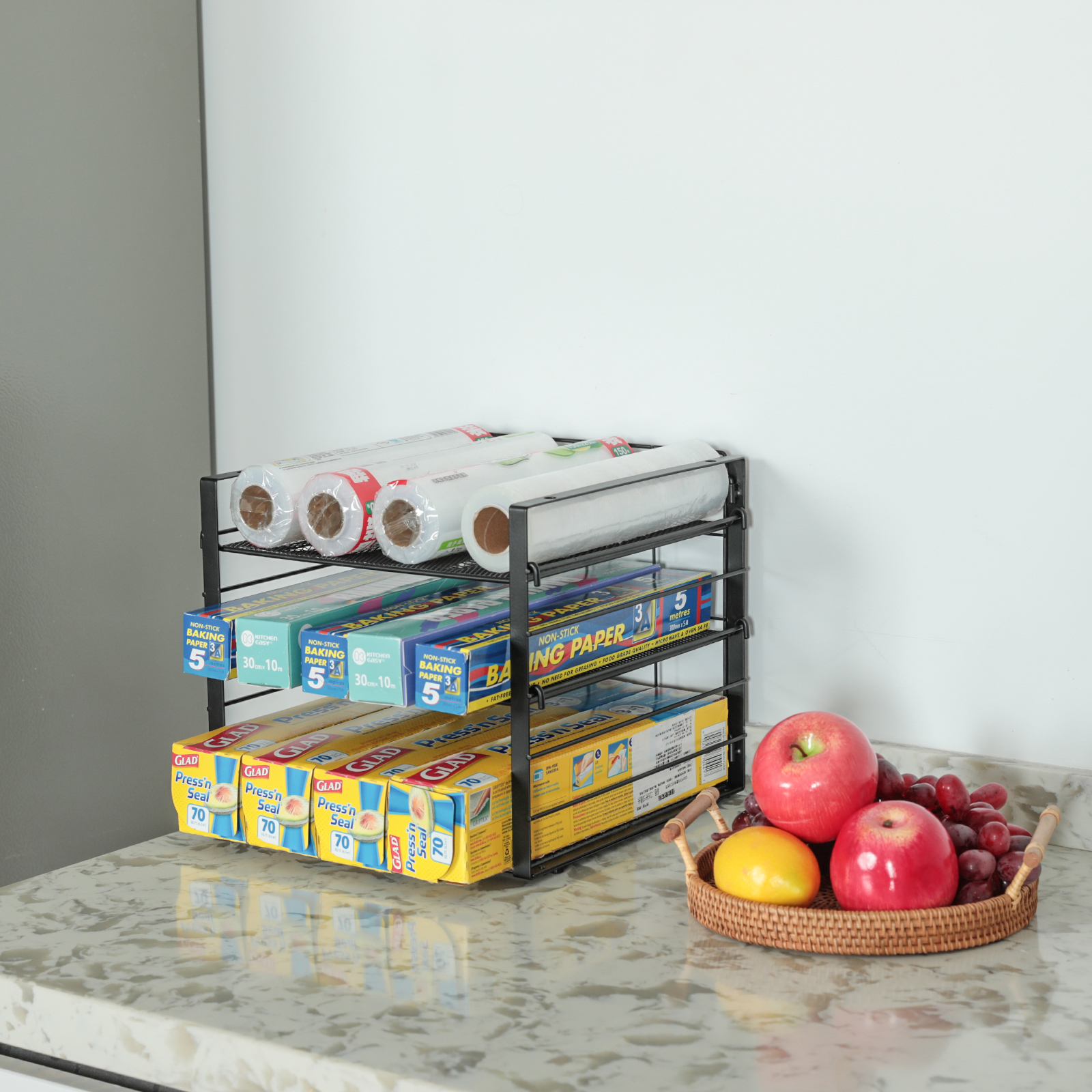 2024 Wholesale Storage Racks Shelving Units Standing Type Metal Expandable Stackable 3 Tier Cling Wrap Kitchen Storage Rack