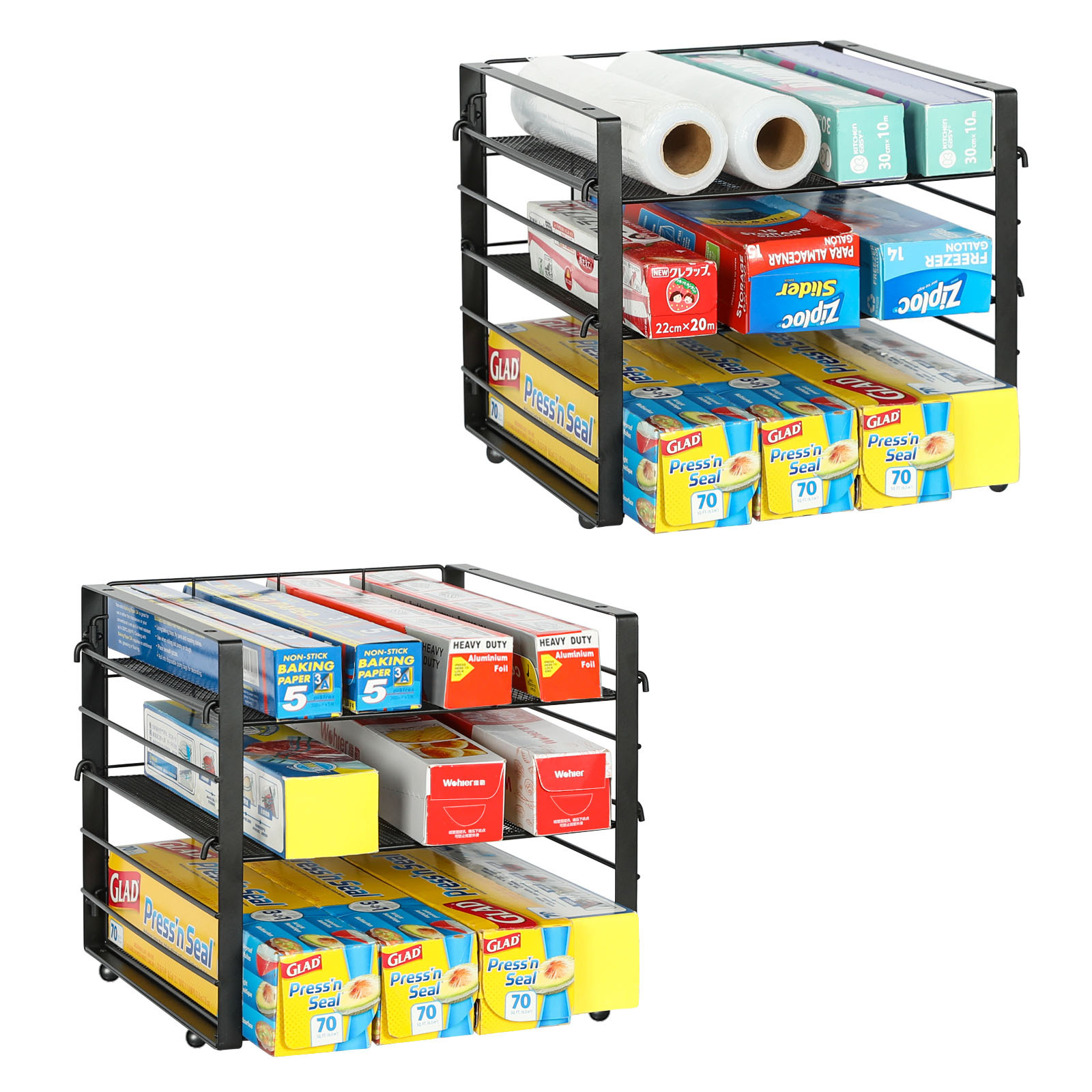 2024 Wholesale Storage Racks Shelving Units Standing Type Metal Expandable Stackable 3 Tier Cling Wrap Kitchen Storage Rack